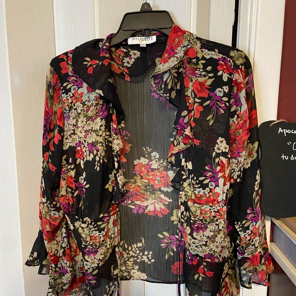 Studio Women's Black and Red Floral Sheer Blouse